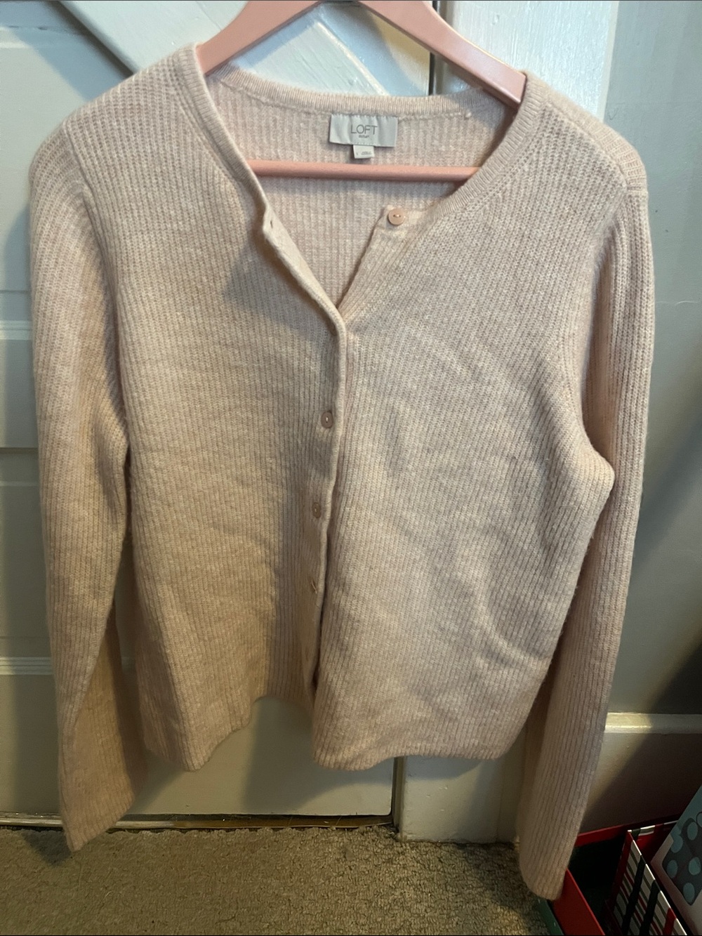 LOFT Pale Pink Ribbed Button-Up Cardigan
